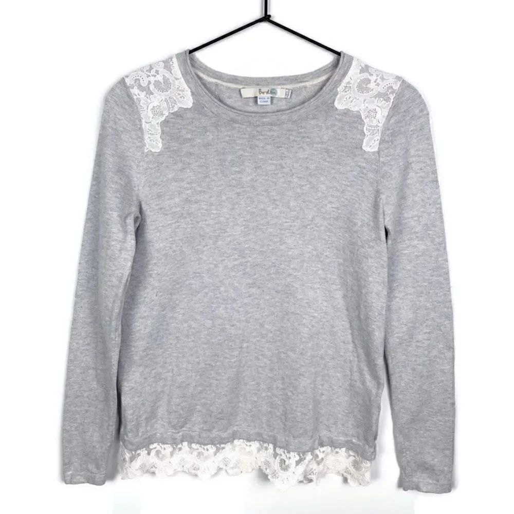 Boden Lace Embellished Sweater Cotton Gray White Long Sleeve Crew Neck 2